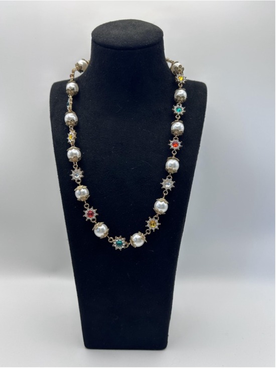 Unknown Jewelry - Necklace Gold Tone Multicolor Rhinestone Imitation Pearl Beaded‎ Statement 19 In